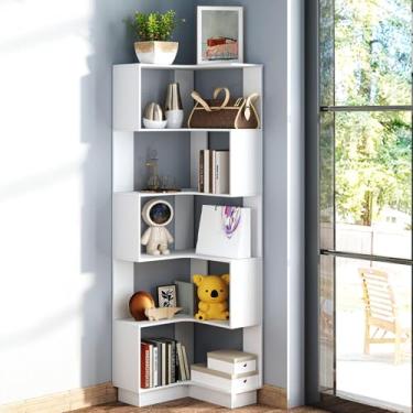 Imagem de GOOFCXO Estante de canto, estante de canto de madeira de 175 cm de altura, 5 camadas, armazenamento em forma de L, estante de exibição independente grande com luminária para sala de estar, quarto