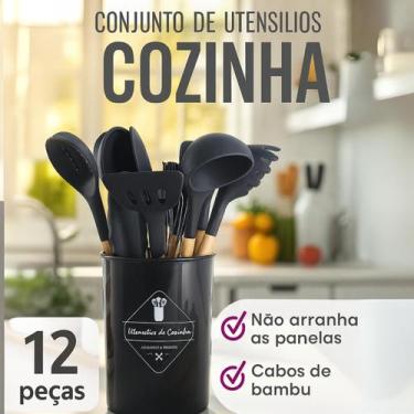 Imagem de Kit 12 Utensílios Cozinha Silicone Cabo Madeira Chegando Hoje Preto - 