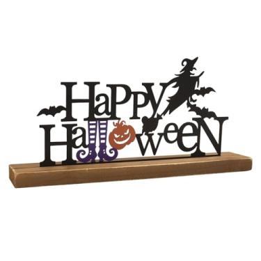 Imagem de flangairy Placa de metal Happy Halloween, base de madeira, 29 × 12 cm, decoração de mesa preta de bruxa de Halloween, centros de mesa para ambientes internos, prateleira, cornija, decoração rústica