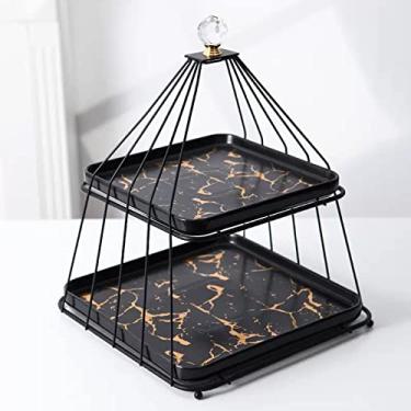 Imagem de Suporte de bolo, mesa de sobremesa, bandeja de bolo de cerâmica dupla de três camadas bandeja de frutas lanche suporte de bolo de cerâmica suporte de exibição de sobremesa prato de bolo doce cupcake