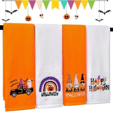 Imagem de XEQWZVFR 4 peças de toalhas de cozinha de Halloween 35 x 75 cm laranja fantasma abóboras morcegos caminhão assustador Halloween toalhas de prato toalhas de prato bordadas para banheiro toalhas de