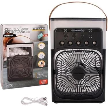 Imagem de Climatizador e Umidificador Mini Ventilador Portátil Luz LED Mesa, 10W, 3 Velocidades, Tanque 500ml, Silencioso, Preto Pequeno Com Reservatório De Água, Bivolt, Ideal Para Casa, Escritório, Viagens