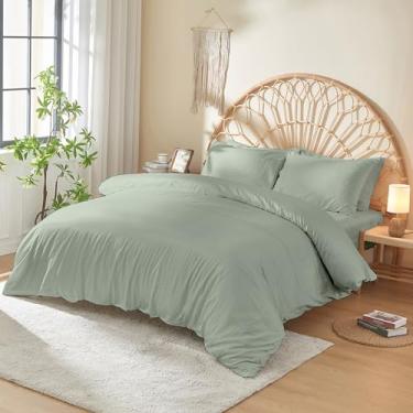 Imagem de DOZ Conjunto de capa de edredom 100% algodão de fibra longa, tecido acetinado macio, respirável, conforto de hotel, 228 x 228 cm, 8 laços, 3 peças – 2 fronhas 1 capa de edredom (sálvia, casal/queen)
