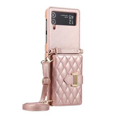 Imagem de Capa de telefone de couro crossbody Capa de telefone para Samsung Galaxy Z Flip 5 4 3 Flip5 Flip4 Flip3 5G Carteira com suporte para cartão, ouro rosa, para Galaxy Z Flip5