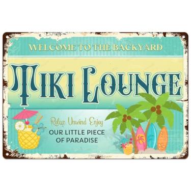 Imagem de Placa de parede Welcome To The Backyard Tiki Lounge Sinal de metal durável, decoração externa para praia, casa, bar, piscina, deck de quintal, cerca de paredes de 30 x 20 cm, placa suspensa de
