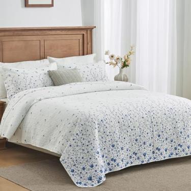 Imagem de DDUOXIN Conjunto de colcha Farmhouse Botanical King – Colchas reversíveis 100% algodão com 2 fronhas, conjunto de cama leve de 3 peças para todas as estações, branco/azul, king (269 cm L x 248 cm C)