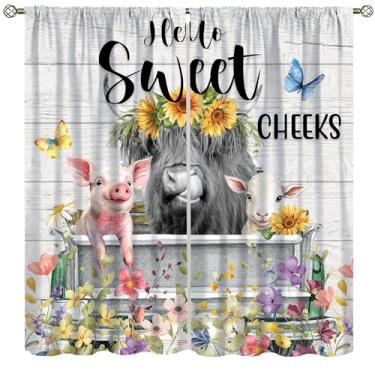 Imagem de Cortinas de cozinha de animais de fazenda vintage rústica prancha de fazenda flor colorida girassol vaca highland borboleta xadrez porco burro janela tratamentos bolso para vara para sala de estar