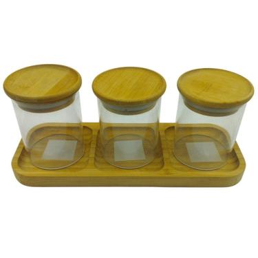Imagem de Kit 3 Potes Mantimentos 200Ml + Petisqueira Retangular Bambu