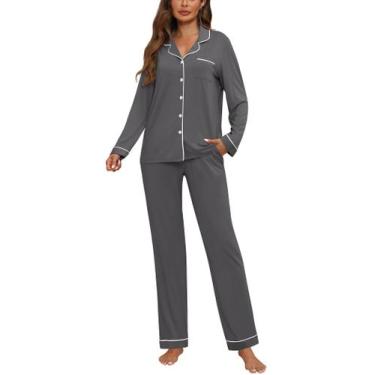 Imagem de Conjunto de pijama ZMJ, calça feminina de manga comprida com botões