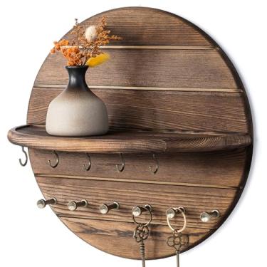 Imagem de Rebee Vision Suporte de parede para chave de madeira de pinho – Ganchos de chave de madeira rústica para parede com prateleira – Organizador decorativo de correio, cabide e suporte de coleira de
