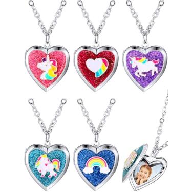 Imagem de Colar com medalhão de coração de unicórnio, 5 peças, colar com pingente de coração de unicórnio, unicórnio fofo com glitter, colar de corrente de coração para meninas, meninos, crianças, aniversário