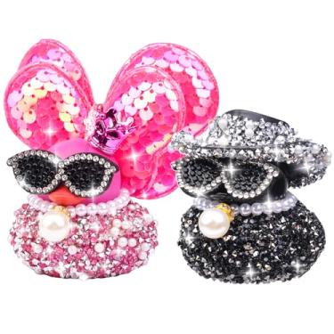 Imagem de MuMyer Ornamentos de carro de pato de borracha de diamante, 2 peças de strass brilhantes patos decoração de painel de carro com mini asas chapéu de caubói colares de óculos de sol