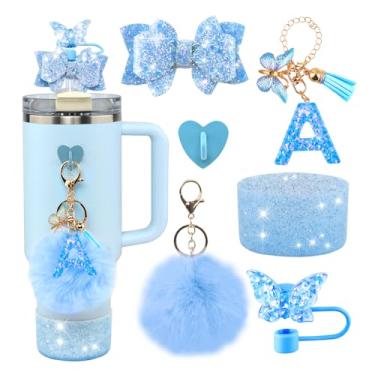 Imagem de Conjunto de 6 peças de acessórios de copo Stanley azul - tampa de cobertura de palha de borboleta, laço brilhante para canudo, bota de silicone brilhante, pingente de letra e pompom para copos satnley