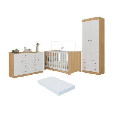 Imagem de Quarto de Bebê Completo Berço Americano 3 em 1 Colchão Encanto Multimóveis MP4609 Madeirado/Branco