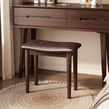 Imagem de Mansfieler Banco de toucador, cadeira de madeira maciça com almofada de assento de esponja de alto rebote, banco de penteadeira fácil de instalar, banquinho estofado de nogueira para entrada de quarto