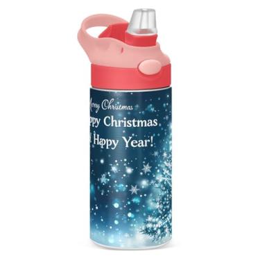Imagem de YETTASBIN Garrafa de água de árvore de Natal para crianças, 340 g, à prova de vazamento, parede dupla, isolada, copo de viagem com tampa de canudo para meninas, meninos e crianças