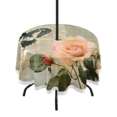 Imagem de CEBUGI Toalha de mesa redonda para uso externo, rosa, impermeável, com furo Umberlla, capa de mesa lavável para pátio, cozinha, sala de jantar, 152 cm