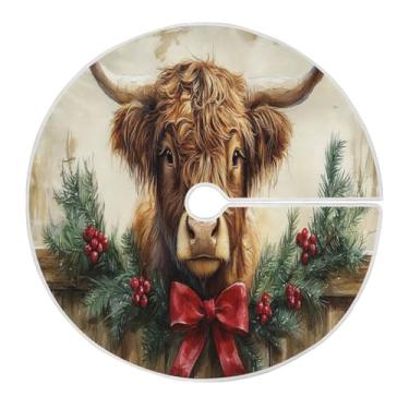 Imagem de Qilmy Saia de árvore de Natal de gado Highland de Natal de 90 cm, camurça para árvore de Natal, adequada para decoração de armário em ambientes internos e externos, festas, escritórios, lojas