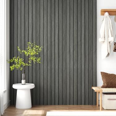 Imagem de EPPKILY Painel de parede de ripas de madeira 3D preto papel de parede descasque e cole painéis acústicos de madeira autoadesivos à prova d'água para quarto, sala de estar, armários, forro, decoração
