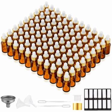 Imagem de PrettyCare Frascos conta-gotas de vidro pacote com 99, frascos pequenos âmbar vazios grossos com tampas douradas à prova de vazamento - com etiquetas e funis para armazenamento, viagem, óleos