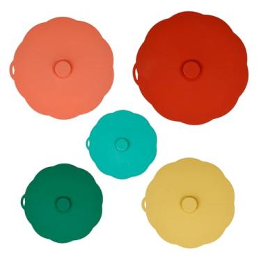 Imagem de 5 peças de tampas de fermentação de silicone, design floral, tampas de sucção reutilizáveis resistentes ao calor, vedação hermética de adsorção de prensa, tampas de armazenamento de alimentos para