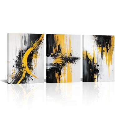 Imagem de Kalormore 3 peças de pintura abstrata amarela e preta, arte de parede em tela, arte giclée, moderna, 30,5 x 40,6 cm x 3 peças (tela embrulhada)