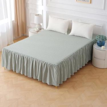 Imagem de Silnuo Saia de cama xadrez verde sálvia algodão lavado gasto guingão xadrez babados king size 35,56 cm (1 saia de cama apenas)