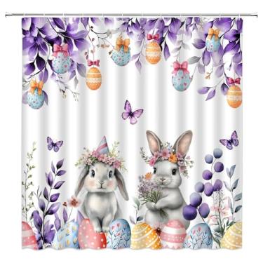 Imagem de FJLLFJ Cortina de chuveiro de Páscoa, folha de coelho, floral, ovos de coelho, festival de primavera, cortina de banheiro de poliéster roxo com 12 ganchos, decoração de casa de banheira, 177 x 177 cm