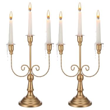 Imagem de 2 peças de castiçais dourados, 3 braços 30 cm de metal dourado para decoração de mesa de festa temática centro de mesa, sala de jantar, casamento, aniversário, férias, Natal, lareira