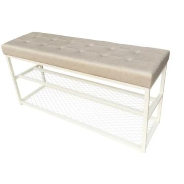 Imagem de Sapateira Banco Estofado com Tela 110cm e Porta-Chaves, Organizador Multifuncional para Entrada, Sala ou Quarto (Estrutura Branca/Assento Linho)