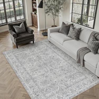 Imagem de PureCozy Tapete de área cinza lavável vintage para sala de estar antiderrapante quarto pilha baixa fina sala de jantar tapete envelhecido escritório