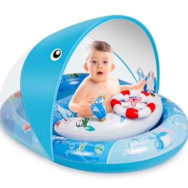 Imagem de Boia de piscina para bebês com proteção solar FPS 50+ e console de brinquedos e jogos, boia de natação para bebês com assento de segurança ajustável, adequado para bebês de 6 a 36 meses