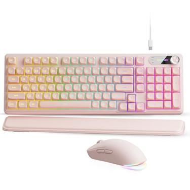 Imagem de EWEADN C98 Combo de teclado e mouse com fio, teclados de computador com fio com palma de pulso, teclas de disparo duplo, teclado com luz de fundo RGB silencioso para Windows/MAC/PC (rosa)