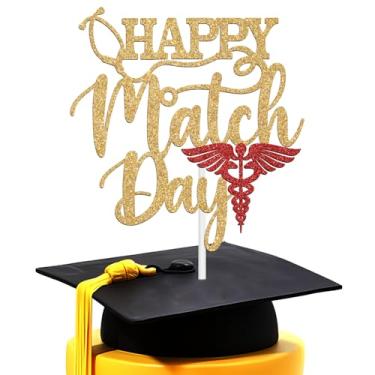 Imagem de Topo de bolo Happy Match Day, parabéns pela combinação, decorações de dia de partida de residência, suprimentos de festa de formatura de escola de enfermagem médica, glitter dourado e vermelho