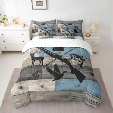 Imagem de Feelyou Conjunto de edredom vintage de madeira com 7 peças, tamanho casal, para pesca e caça, para crianças, adolescentes, adultos, celeiro, tábua de madeira, 7 peças, edredom + lençóis + fronhas +