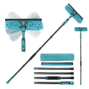 Imagem de Rodo de janela de 157,5 cm, ferramenta de limpeza de janela 2 em 1 com haste telescópica, cabeça giratória e dobrável para janelas altas internas e externas, inclui 2 lâminas e 2 almofadas (microfibra