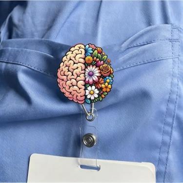 Imagem de Carretel de crachá anatômico de acrílico para cérebro e flor - Suporte plano de identificação médica para profissionais de saúde | Clipe retrátil para enfermeiros, psicólogos | Presente profissional