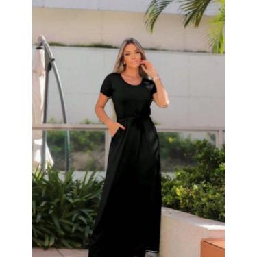 Imagem de Vestido Longo Feminino Estampado Com Manguinha E Bolso! Cor:AzulTamanh