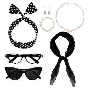 Imagem de Fumwase 7 peças acessórios de fantasia dos anos 50 para mulheres, óculos olho de gato, acessórios de cabelo, brinco, pulseira, colar, cachecol, Preto, One Size