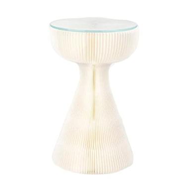 Imagem de Mesa lateral dobrável moderna, mesa de canto redonda de 33 x 53 cm, pequena mesa de centro de bistrô com mesa de vidro para pátio, sala de estar, varanda, quintal, jardim, quintal, simples (branco +