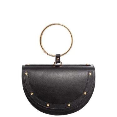 Imagem de Bolsa Argola Preta em Couro Legítimo com Alça Removível Leopoldine-Feminino