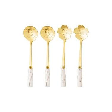 Imagem de Conjunto 4 Colheres de Chá de Aço Inox com Cabo de Cerâmica Flowers Dourado/Branco - Wolff