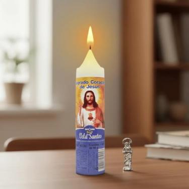 Imagem de Vela Encantada Sagrado Coração de Jesus, Parafina, Branca, 60g, 12,5cm Altura, com Medalha em Níquel