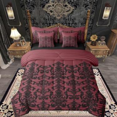 Imagem de Feelyou Conjunto de edredom de damasco gótico vermelho com 7 peças, Queen, jaquard vitoriano, damasco vitoriano, para crianças, meninos, meninas, boêmio, exótico, decoração de quarto, microfibra macia