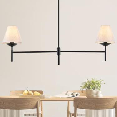 Imagem de VANZARLA Luminária pendente linear moderna preta para ilha de cozinha, lustre linear de 2 luzes com sombra de tecido exclusivo, lustre pendente rústico para sala de jantar