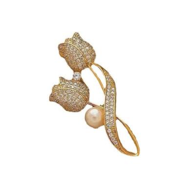 Imagem de Broche Tulip Pearl com strass cintilante em liga de 5,6 cm - yiweisai