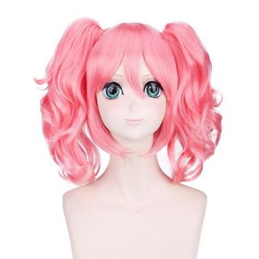 Imagem de Peruca de cosplay rosa encaracolada de cauda dupla sintética de alta t