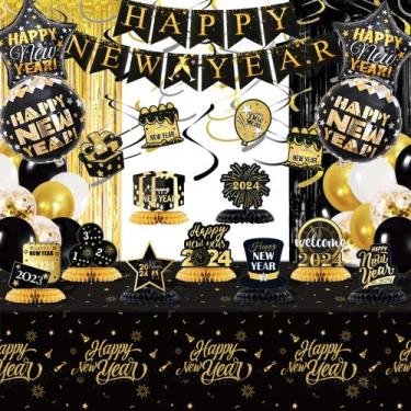 Imagem de Decorações de festa Sawowkuya Véspera de Ano Novo 2024 dourado/preto