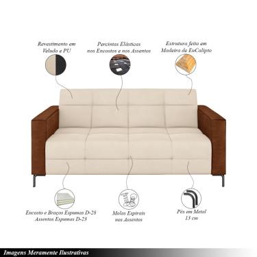 Imagem de Sofá Living Decorativo Houston 2 Lugares 200cm Pés em Metal Veludo/ PU Bege/ Marrom G33 - Gran Belo