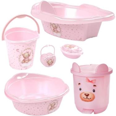 Imagem de Kit banheira de bebê decorada ludica plasutil 6 peças + bacia + lixeir
